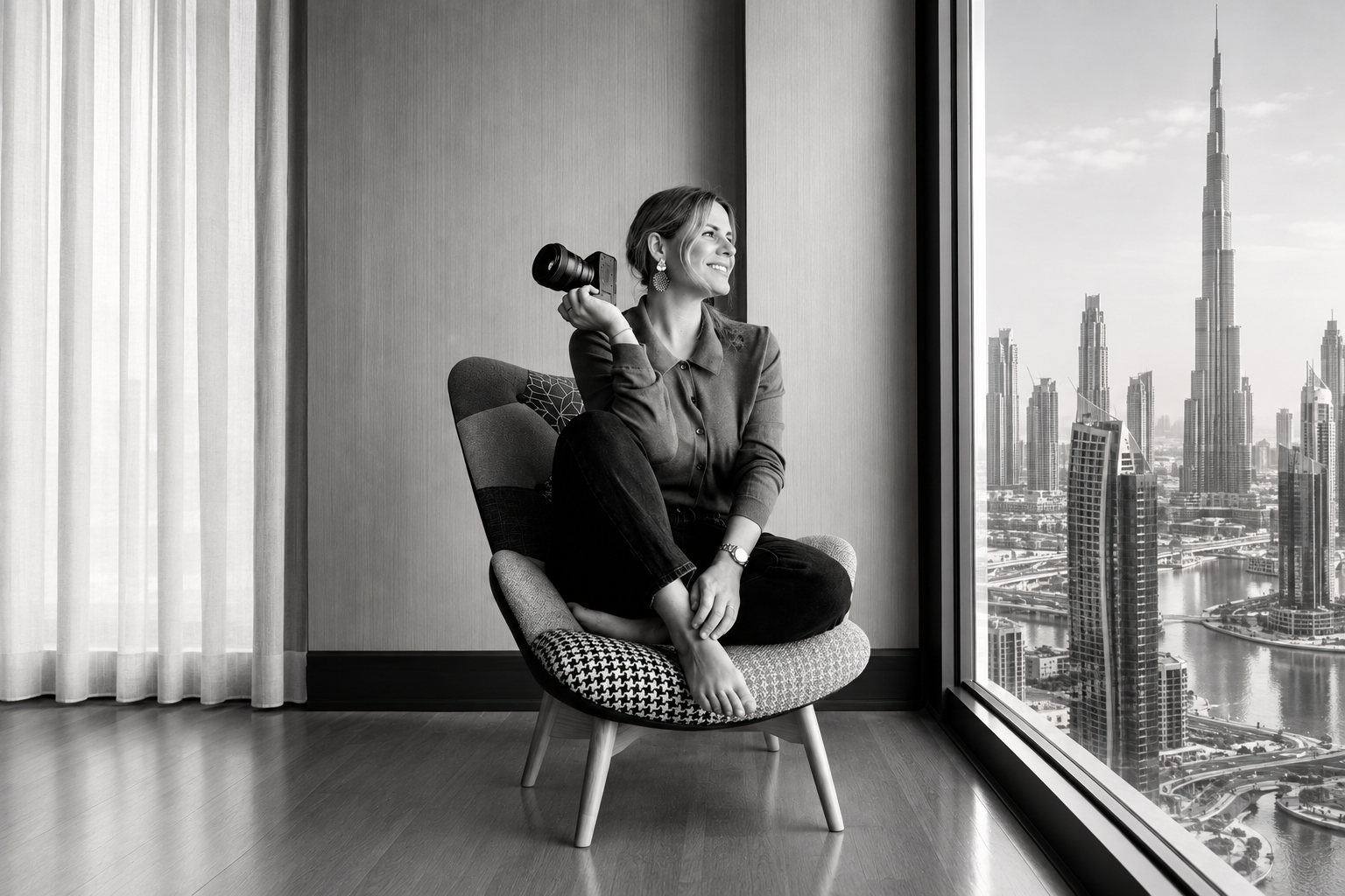 Camilla Lovato, wedding photographer, sitting in an armchair with her camera in front of a window with a view of the skyline